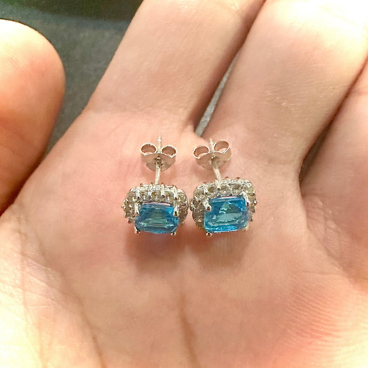 Blue Topaz Earrings Stud Sterling Silver 925, Cushion Cut Earrings, 9.9mm Blue Topaz Halo Earrings, Stud Earrings for Women, Gift for her - leoshopdeals