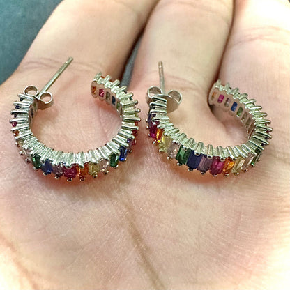 Gold Plated Hoop Earrings, Rainbow Hoop Earrings, Multicolor Hoop Earrings, Emerald Cut CZ Hoop Earrings, Cubic Zirconia Earrings Hoop - leoshopdeals