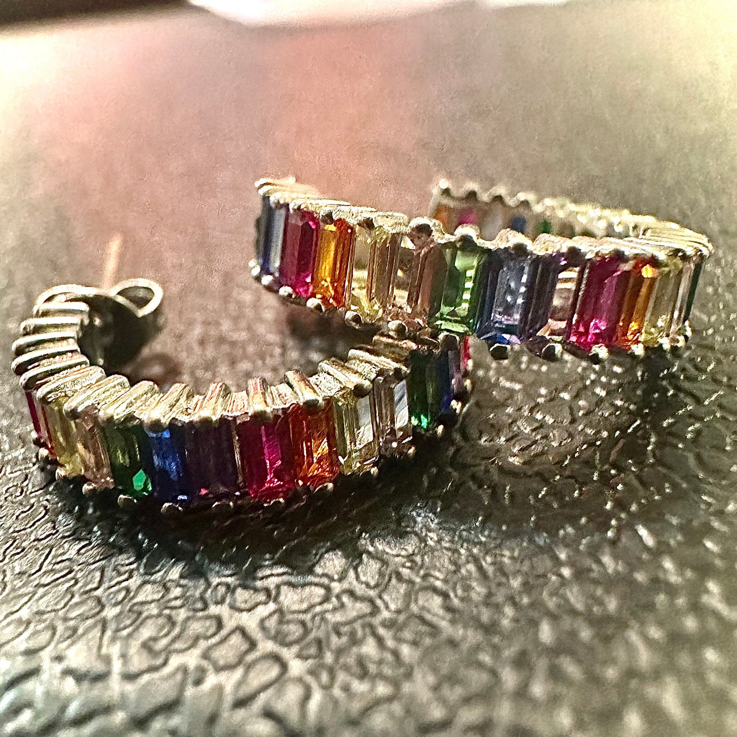 Gold Plated Hoop Earrings, Rainbow Hoop Earrings, Multicolor Hoop Earrings, Emerald Cut CZ Hoop Earrings, Cubic Zirconia Earrings Hoop - leoshopdeals