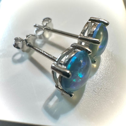 925 Sterling Silver Blue Fire Opal Stud Earrings for Women 6MM Birthstone Gift - leoshopdeals