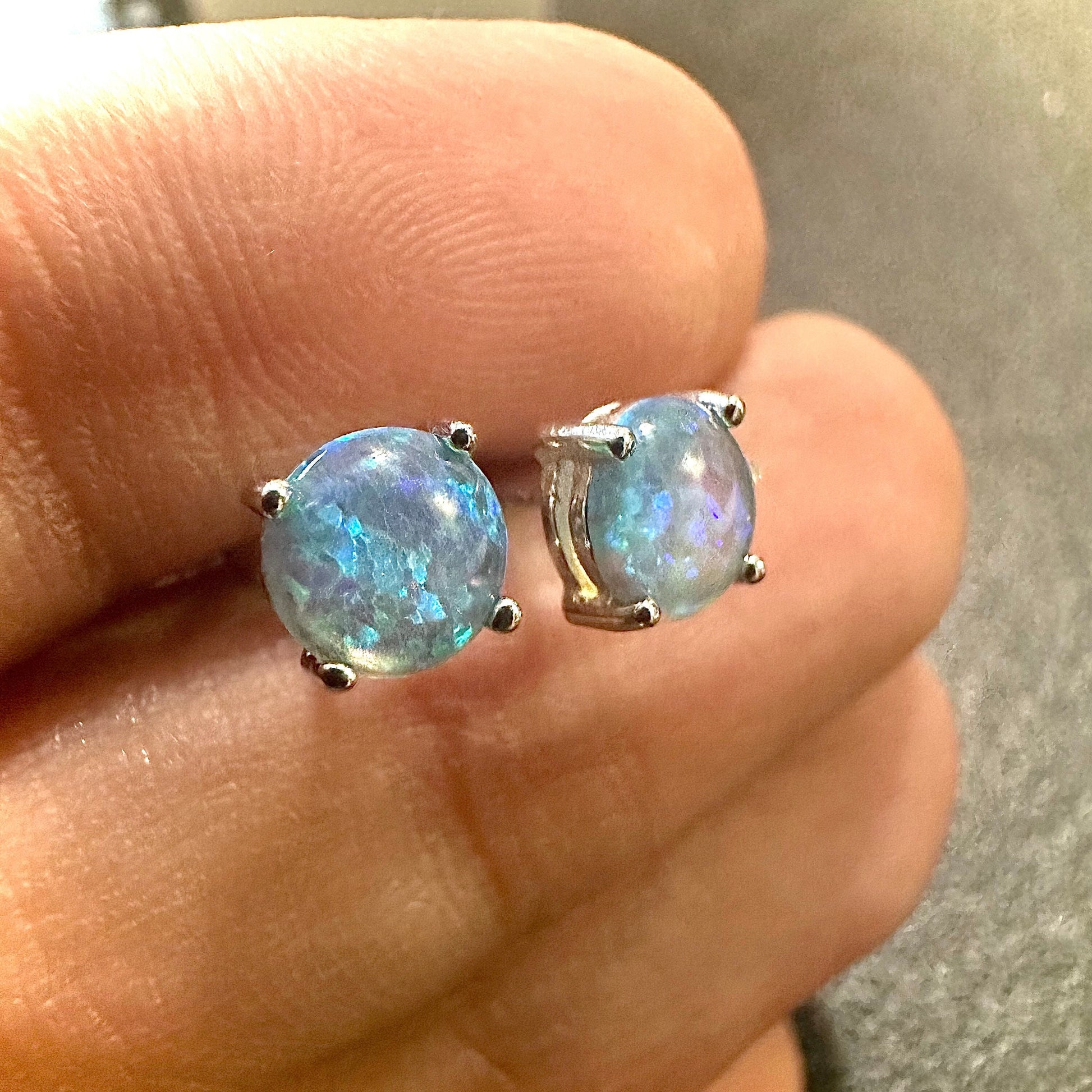 Blue Fire Opal Earrings 6mm, Stud Earrings for Women Sterling Silver 925, Blue Fire Opal Jewelry, Blue Earrings Studs, October Birthstone - leoshopdeals