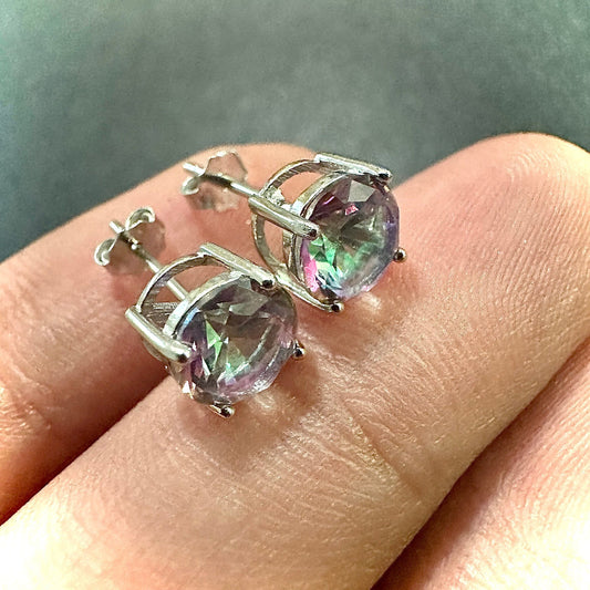 Mystic Topaz Earrings 925 Sterling Silver Stud Earrings 6MM Mystic Topaz Jewelry Rainbow Topaz Stud Earrings for Women Round Earrings Stud - leoshopdeals