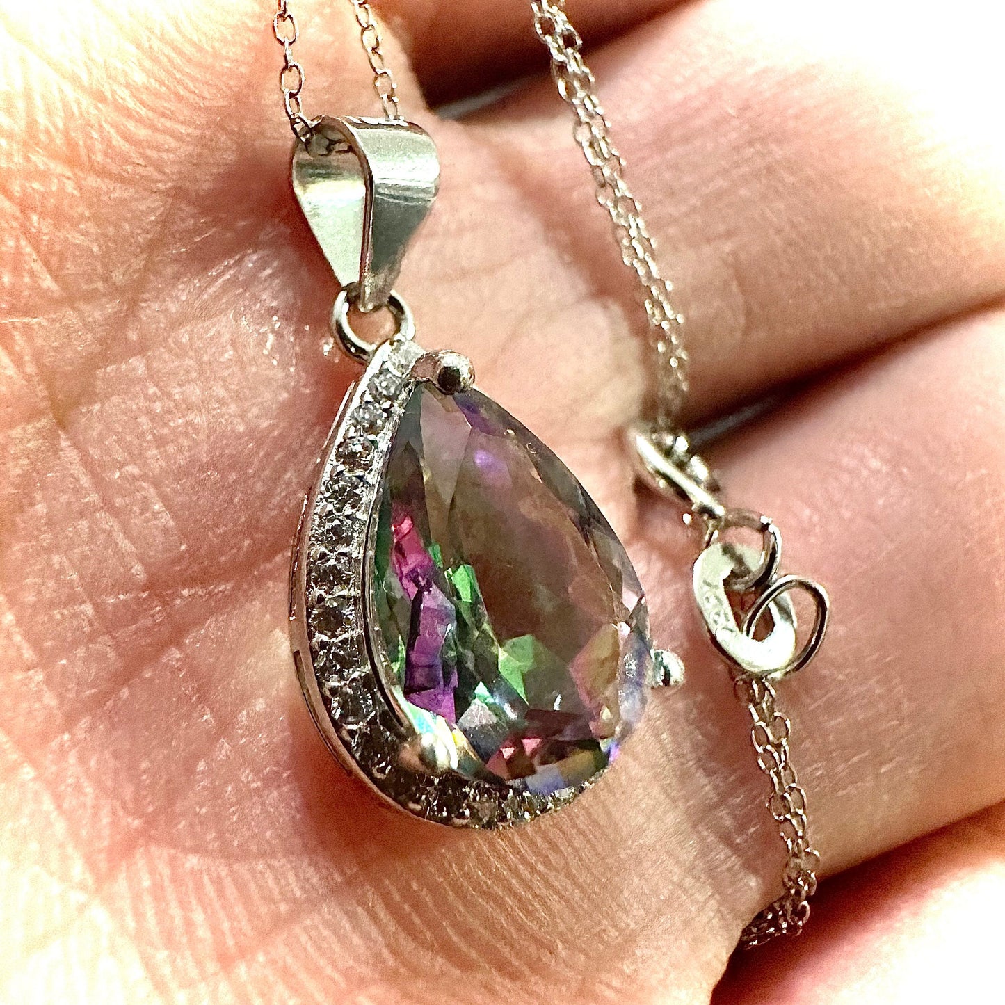 Mystic Topaz Necklace for Women Sterling Silver 925, Pendant Necklace for Women 4.00 CTTW, Gift for Mom, Rainbow Pendant Necklace 18'' - leoshopdeals