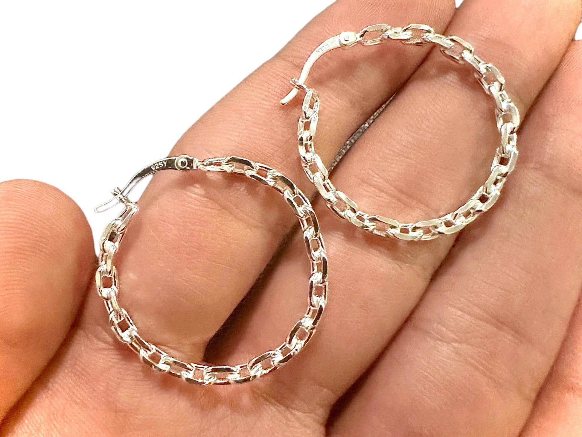 Curb Chain Earrings, 20MM Hoop Earrings Sterling Silver 925, 3MM Huggie Hoop Earrings Silver, Gift for Her, Hoop Earrings for Women, Earring - leoshopdeals