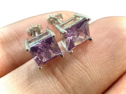 Princess Cut Amethyst Earrings, Amethyst Stud Earrings, 925 Sterling Silver Earrings, Amethyst Earrings, Silver Stud Earrings, Cute Earrings - leoshopdeals