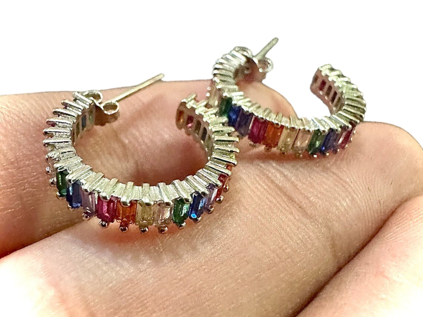 Gold Plated Hoop Earrings, Rainbow Hoop Earrings, Multicolor Hoop Earrings, Emerald Cut CZ Hoop Earrings, Cubic Zirconia Earrings Hoop - leoshopdeals