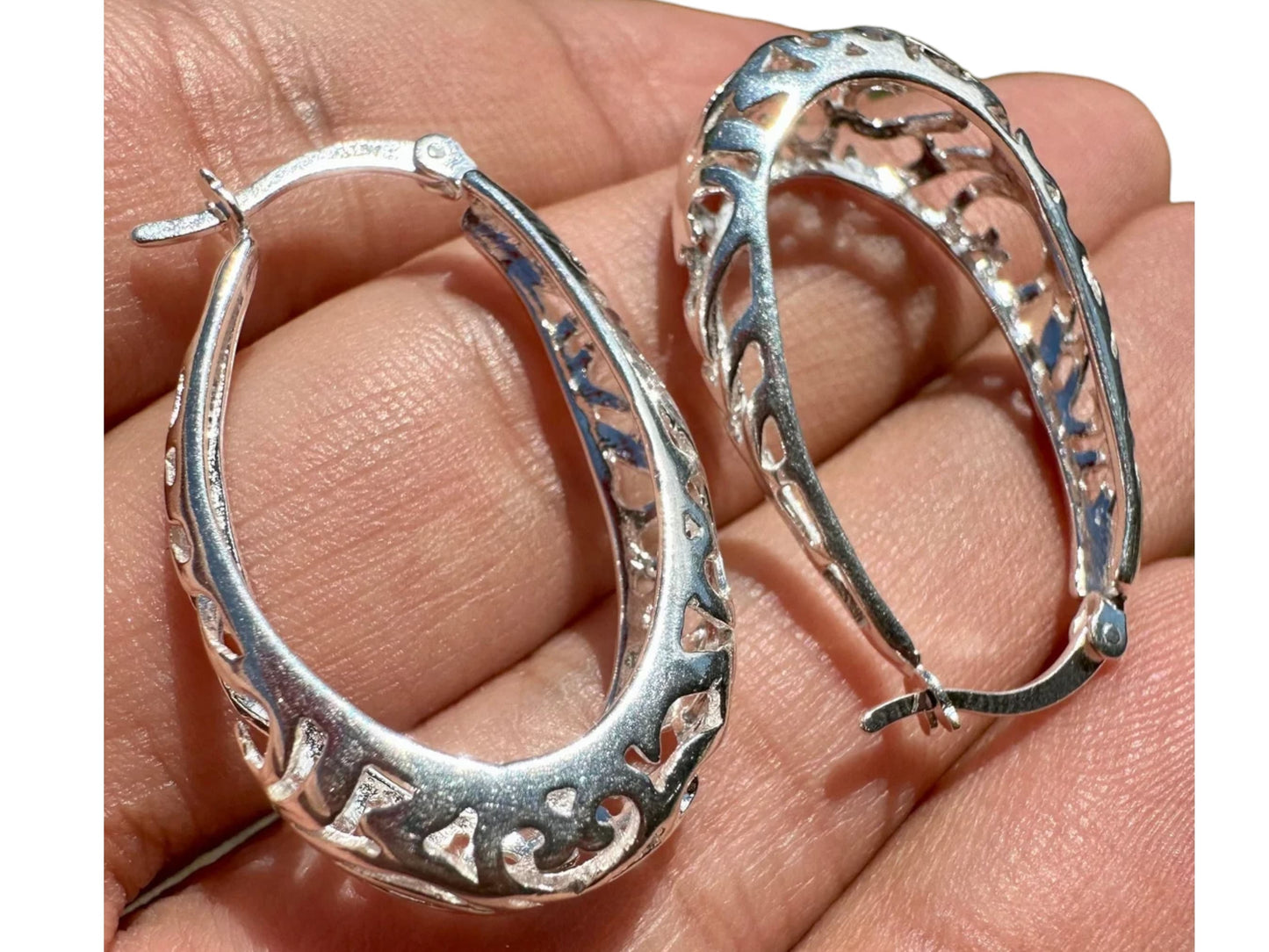 Silver Filigree Earrings, 925 Sterling Silver Earrings, Filigree Hoop Earrings, 30mm Hoop Earrings, Large Oval Hoop Earrings, Unique Earring - leoshopdeals