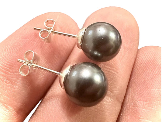 Black Pearl Earrings, Freshwater Pearl Earrings, 8mm Pearl Stud Earrings, White Gold Plated Earrings, Black Pearl Jewelry, Stud Earrings - leoshopdeals