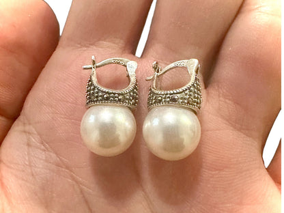 Marcasite White Pearl Stud Earrings 925 Sterling Silver, Pearl Earrings Studs, June Birthstone Earrings, Gift for Her, Silver Earrings Stud - leoshopdeals