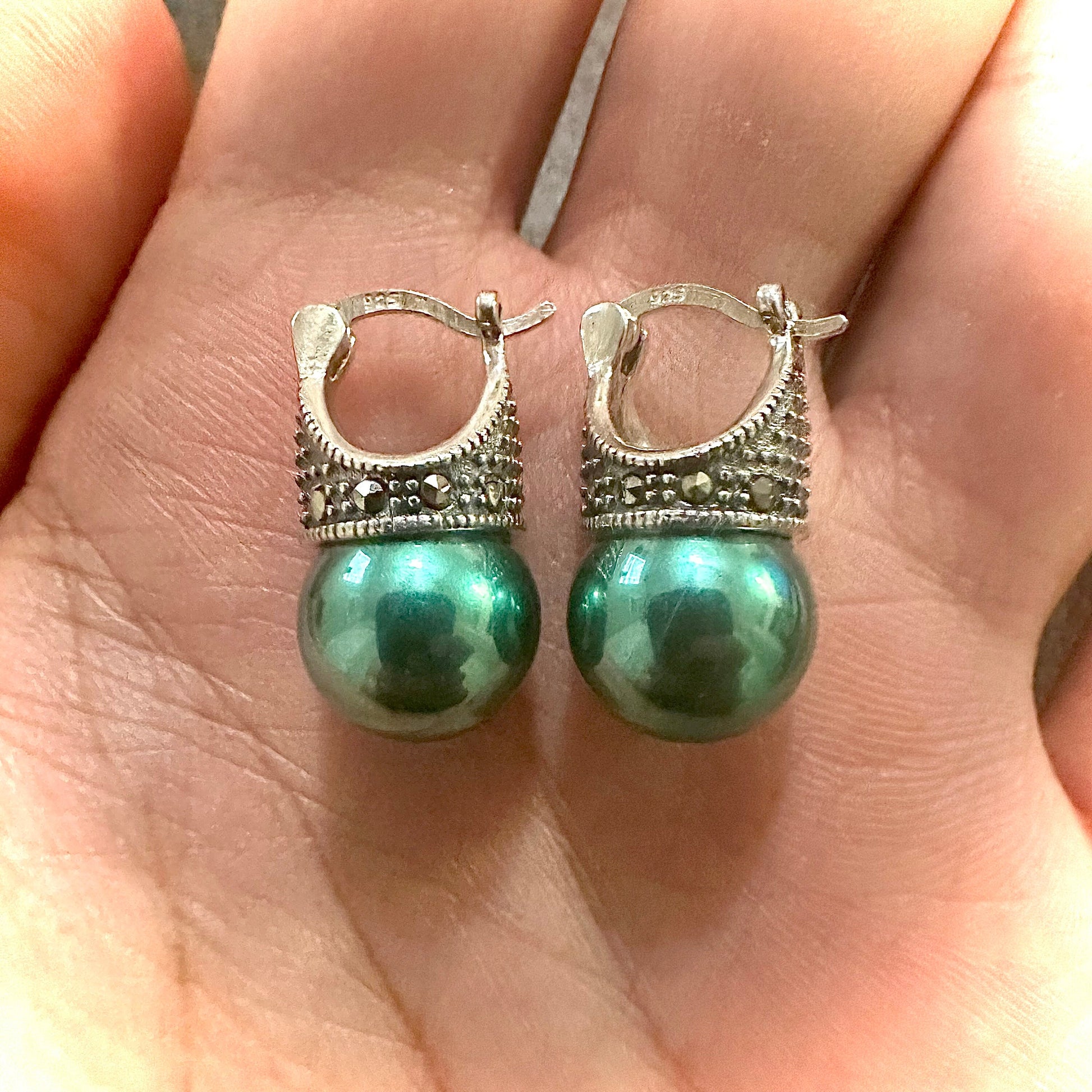 Marcasite Green Pearl Stud Earrings 925 Sterling Silver, Pearl Earrings Studs, June Birthstone Earrings, Gift for Her, Silver Earrings Stud - leoshopdeals