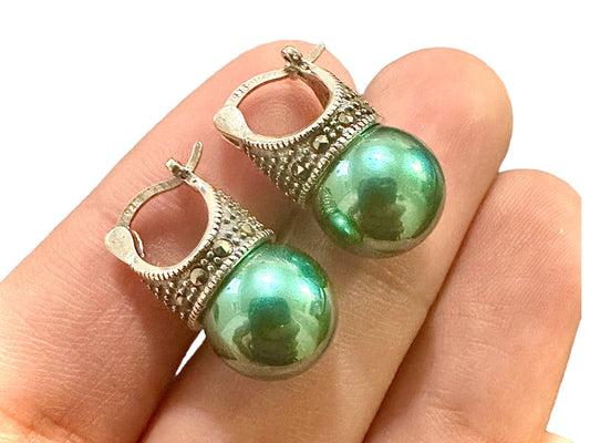 Marcasite Green Pearl Stud Earrings 925 Sterling Silver, Pearl Earrings Studs, June Birthstone Earrings, Gift for Her, Silver Earrings Stud - leoshopdeals