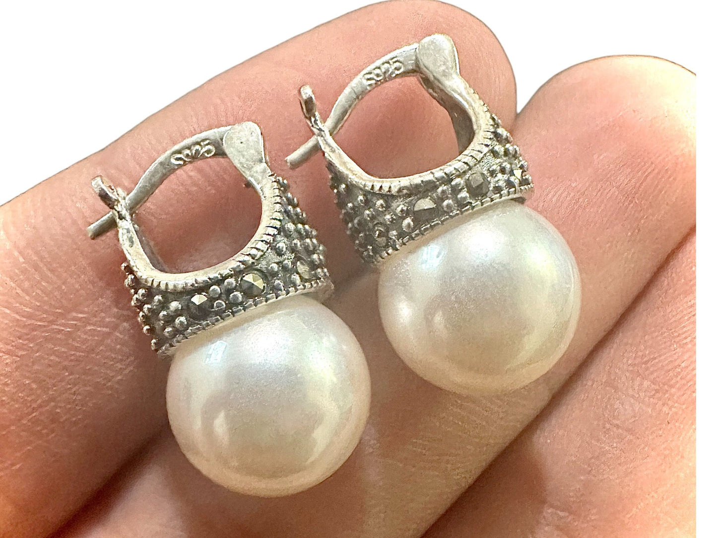 Marcasite White Pearl Stud Earrings 925 Sterling Silver, Pearl Earrings Studs, June Birthstone Earrings, Gift for Her, Silver Earrings Stud - leoshopdeals