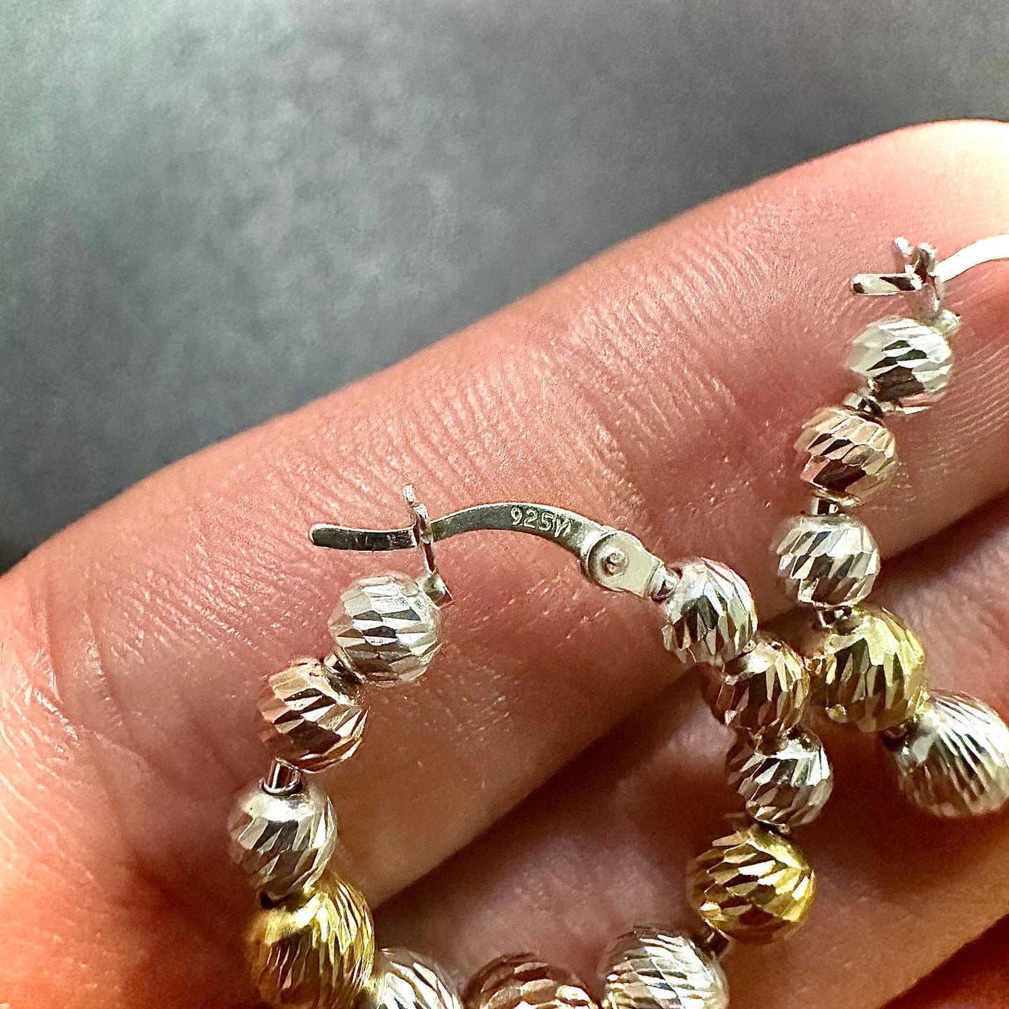 Tri Color Hoop Earrings With Beads, Hoop Earrings Sterling Silver 925, , Hoop Earrings Silver Bead, 25MM Beaded Earrings Hoop, Gift for Her - leoshopdeals