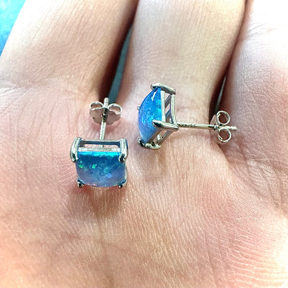 Princess Cut Blue Fire Opal 6mm Sterling Silver 925 Earrings