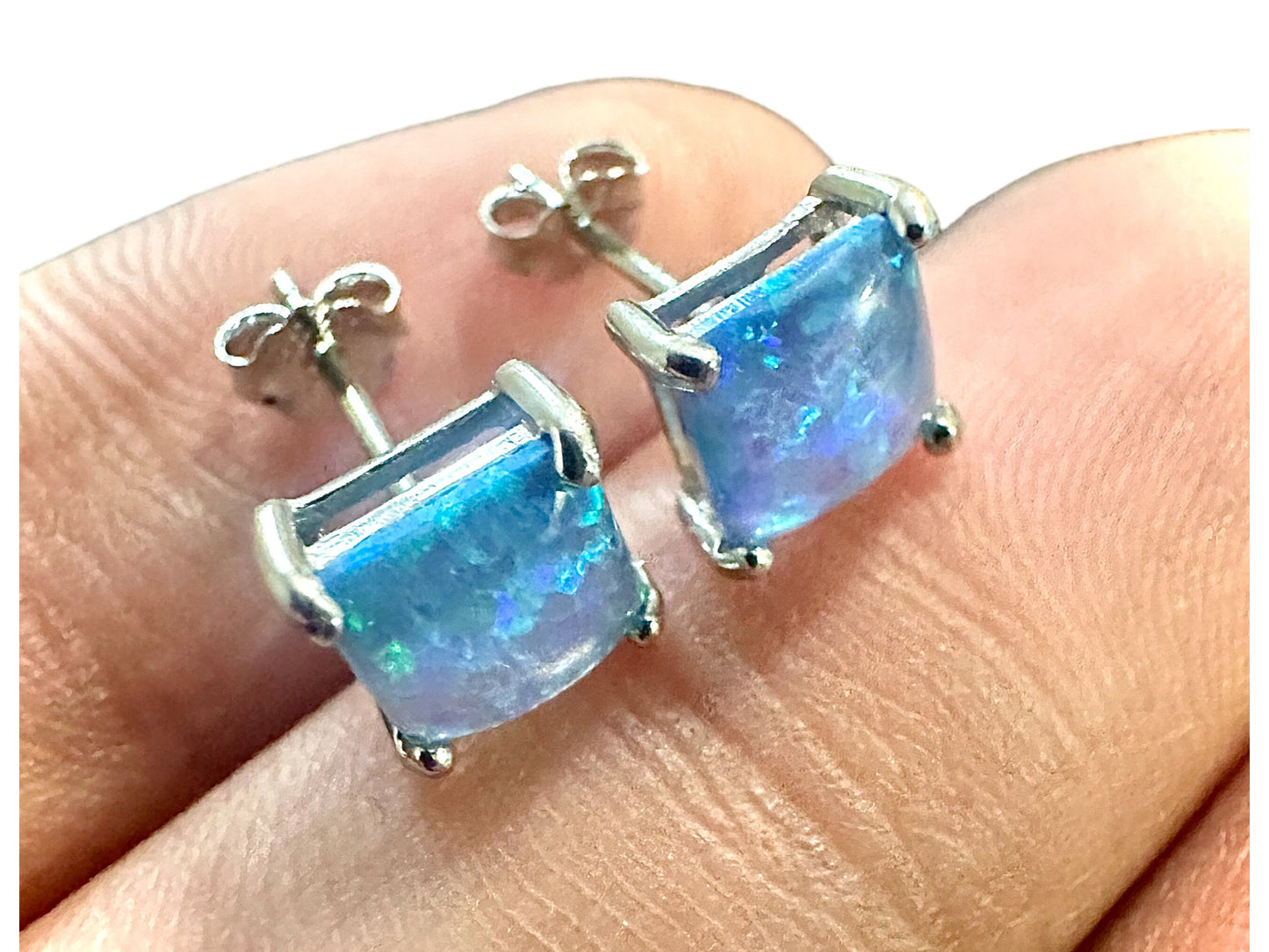 Blue Fire Opal Earrings Silver, Princess Cut Earrings, Square Opal Earrings, 6mm Earrings Stud, Blue Fire Opal Earrings Sterling Silver 925 - leoshopdeals