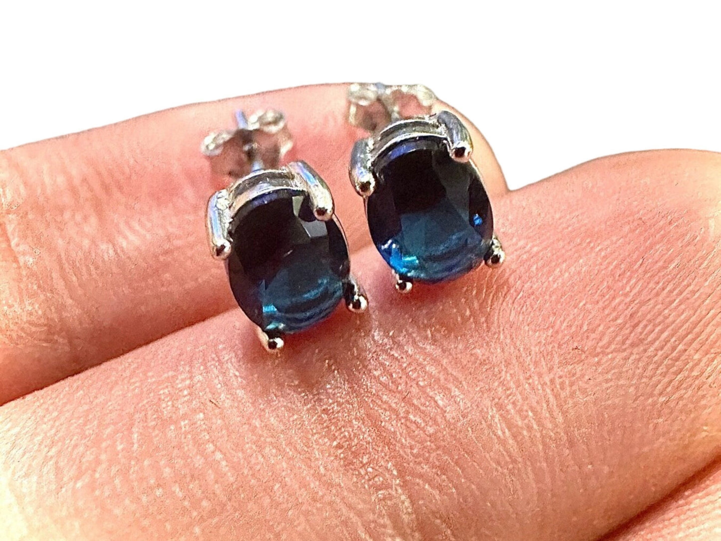 925 Sterling Silver Sapphire Stud Earrings for Women Oval 7x4MM Birthstone Gift - leoshopdeals