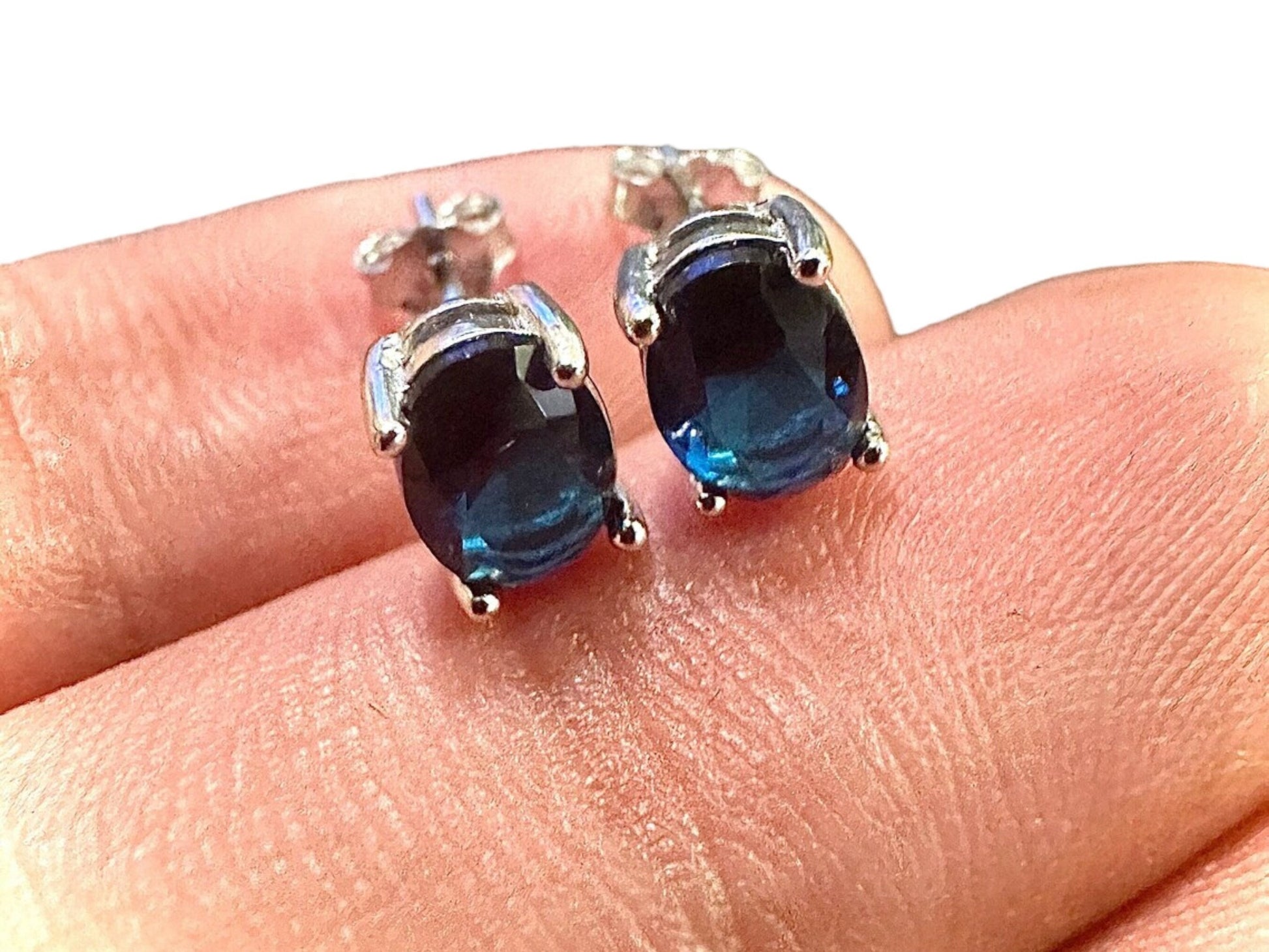 Blue Sapphire Earrings Stud Silver Earrings 7x4MM Oval Sapphire Sterling Silver Earrings Studs Sapphire Jewelry for Women Sterling Silver - leoshopdeals