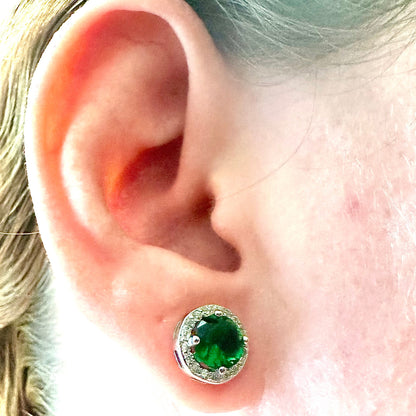 Green Emerald Earrings Stud Sterling Silver 925 ,Stud Earrings for Women, Emerald Jewelry Earrings, Round Earrings Stud, May Birthstone Gift - leoshopdeals