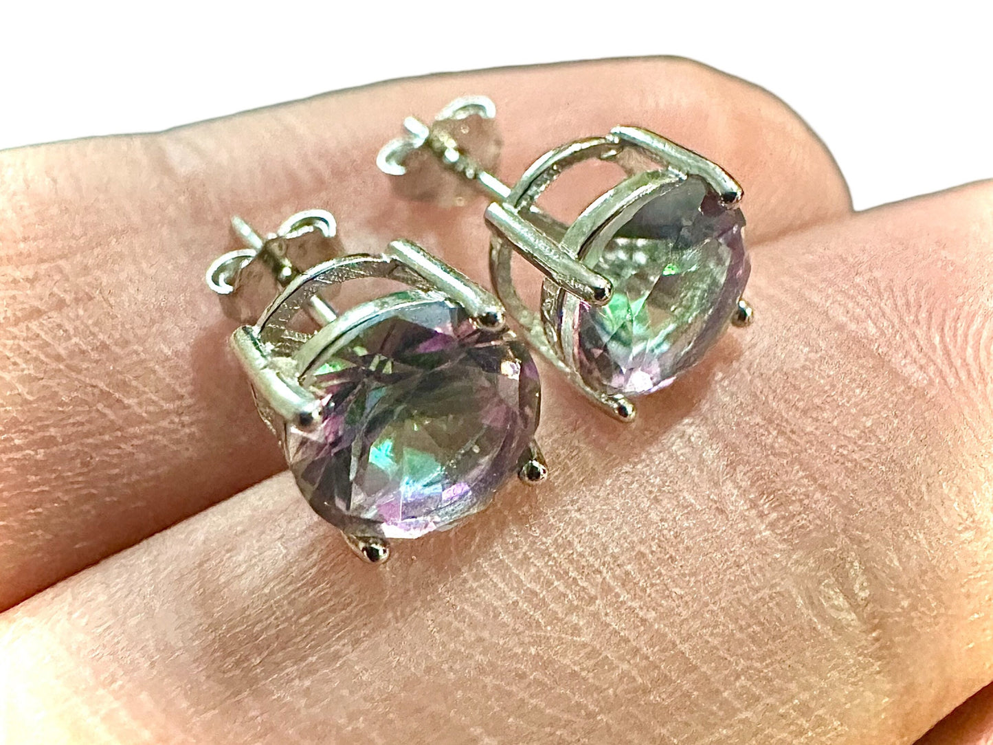 925 Sterling Silver Rainbow Mystic Topaz Stud Earrings for Women 6MM Birthstone Gift - leoshopdeals