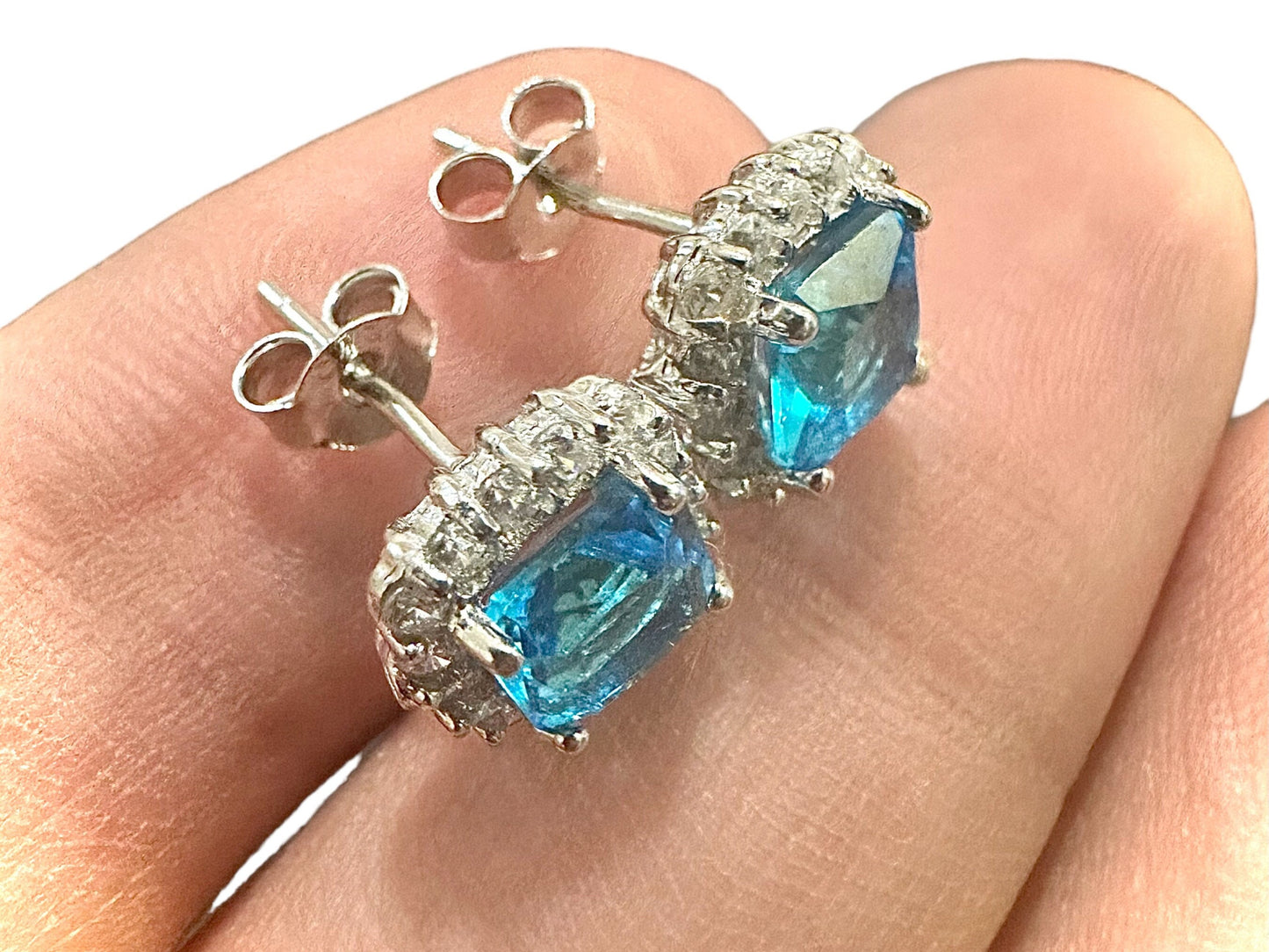 Blue Topaz Earrings Stud Sterling Silver 925, Cushion Cut Earrings, 9.9mm Blue Topaz Halo Earrings, Stud Earrings for Women, Gift for her - leoshopdeals