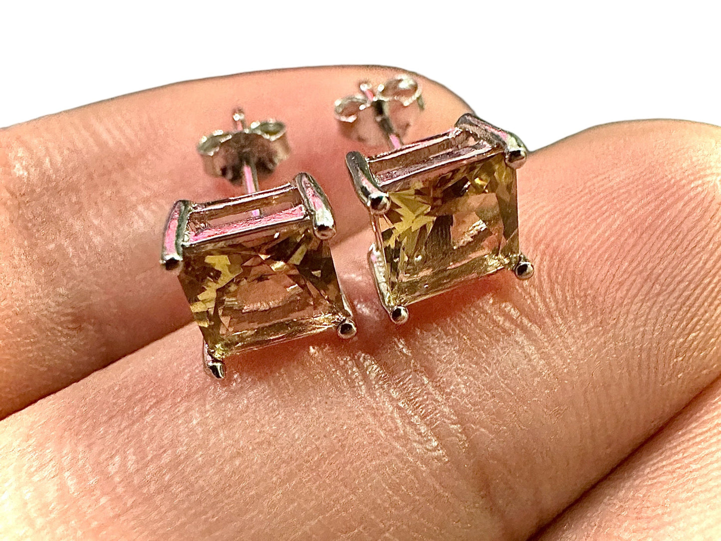 925 Sterling Silver Princess Cut Citrine Stud Earrings for Women 6MM Birthstone Gift - leoshopdeals