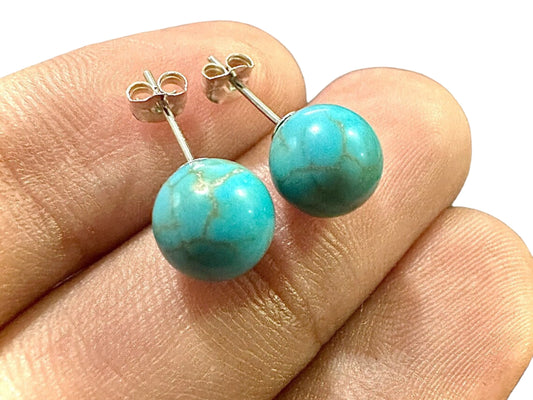 Round Turquoise, Sterling Silver Plated Stud Earrings For Women, Sterling Silver Earrings, Turquoise Stones For Earrings, Earrings For Women - leoshopdeals