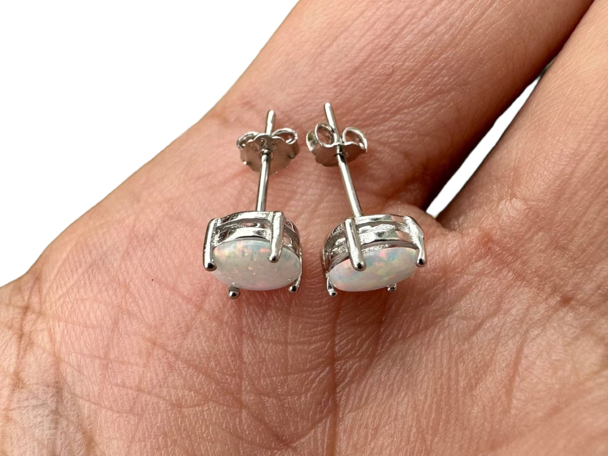 White Fire Opal Earrings Opal Earrings Stud Silver Earrings Stud 925 Silver Earrings Stud Opal Silver Earrings  Round Opal Jewelry for woman - leoshopdeals