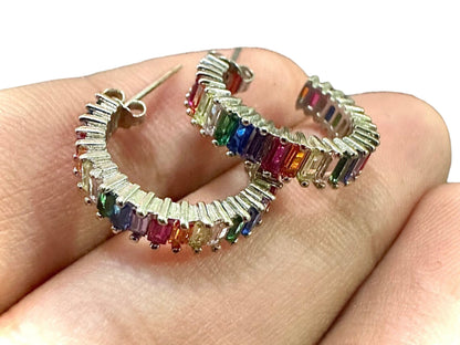 Gold Plated Hoop Earrings, Rainbow Hoop Earrings, Multicolor Hoop Earrings, Emerald Cut CZ Hoop Earrings, Cubic Zirconia Earrings Hoop - leoshopdeals