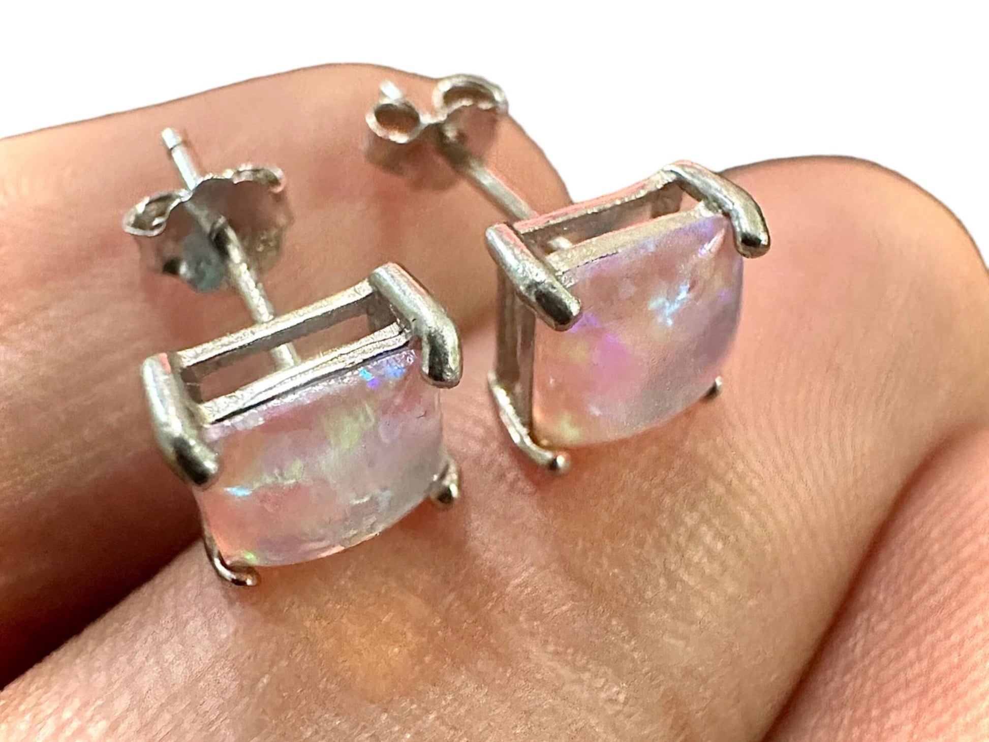 Pink Opal Earrings, 925 Sterling Silver Earrings Studs Opal Earrings Stud, 6mm Princess Cut Earrings, Opal Jewelry Earrings 2Ct, Opal - leoshopdeals