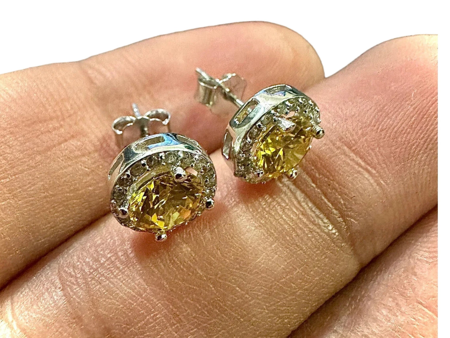 Citrine Stud Earrings, 925 Sterling Silver Studs Earrings, Yellow Citrine, Citrine & White Topaz, Halo Stud Earrings, November Birthstone - leoshopdeals