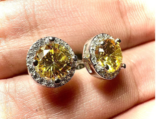 Citrine Stud Earrings, 925 Sterling Silver Studs Earrings, Yellow Citrine, Citrine & White Topaz, Halo Stud Earrings, November Birthstone - leoshopdeals