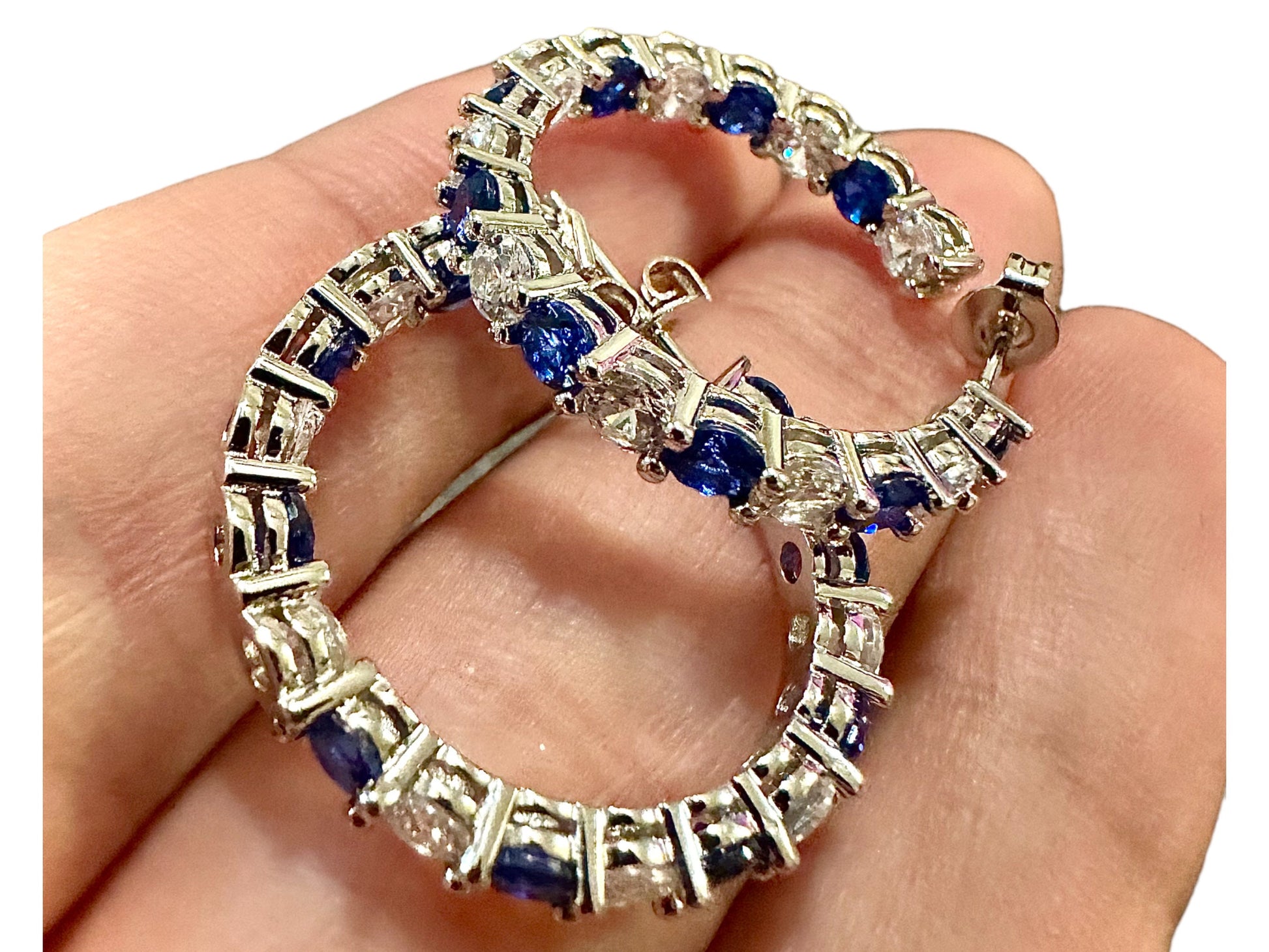 Sapphire Hoop Earrings, Silver Plated Earrings, 26MM CZ Hoop Earrings, Inside Out Hoop Earrings, Cubic Zirconia Earrings Hoop - leoshopdeals