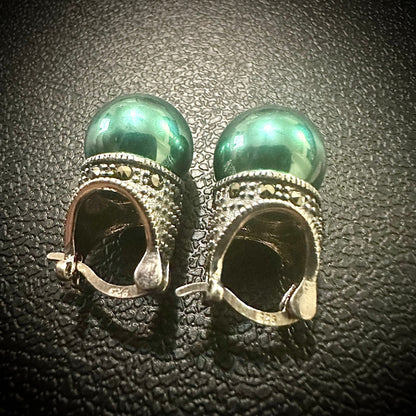 Marcasite Green Pearl Stud Earrings 925 Sterling Silver, Pearl Earrings Studs, June Birthstone Earrings, Gift for Her, Silver Earrings Stud - leoshopdeals