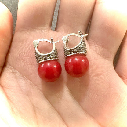 Marcasite Red Pearl Stud Earrings 925 Sterling Silver, Pearl Earrings Studs, June Birthstone Earrings, Gift for Her, Silver Earrings Stud - leoshopdeals