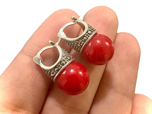 Marcasite Red Pearl Stud Earrings 925 Sterling Silver, Pearl Earrings Studs, June Birthstone Earrings, Gift for Her, Silver Earrings Stud - leoshopdeals