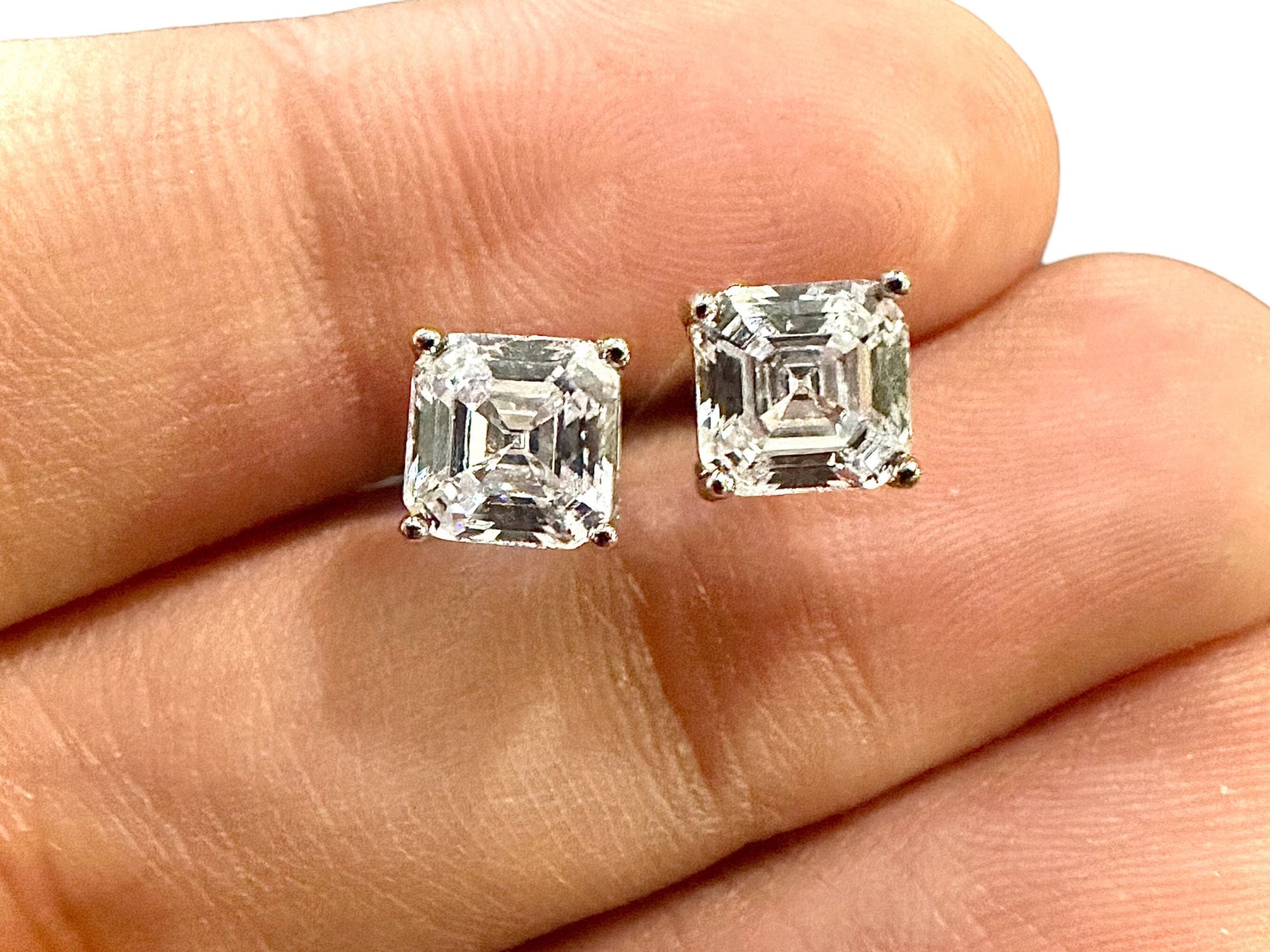 Asscher Cut Stud Earrings 925 Sterling Silver, Earrings Studs Earrings 6MM Stud, Silver Earrings For Women, Cubic Zirconia 2.00CTTW - leoshopdeals