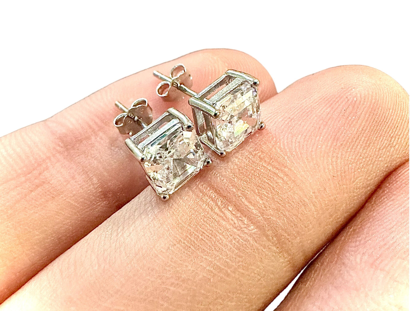 Asscher Cut Stud Earrings 925 Sterling Silver, Earrings Studs Earrings 6MM Stud, Silver Earrings For Women, Cubic Zirconia 2.00CTTW - leoshopdeals