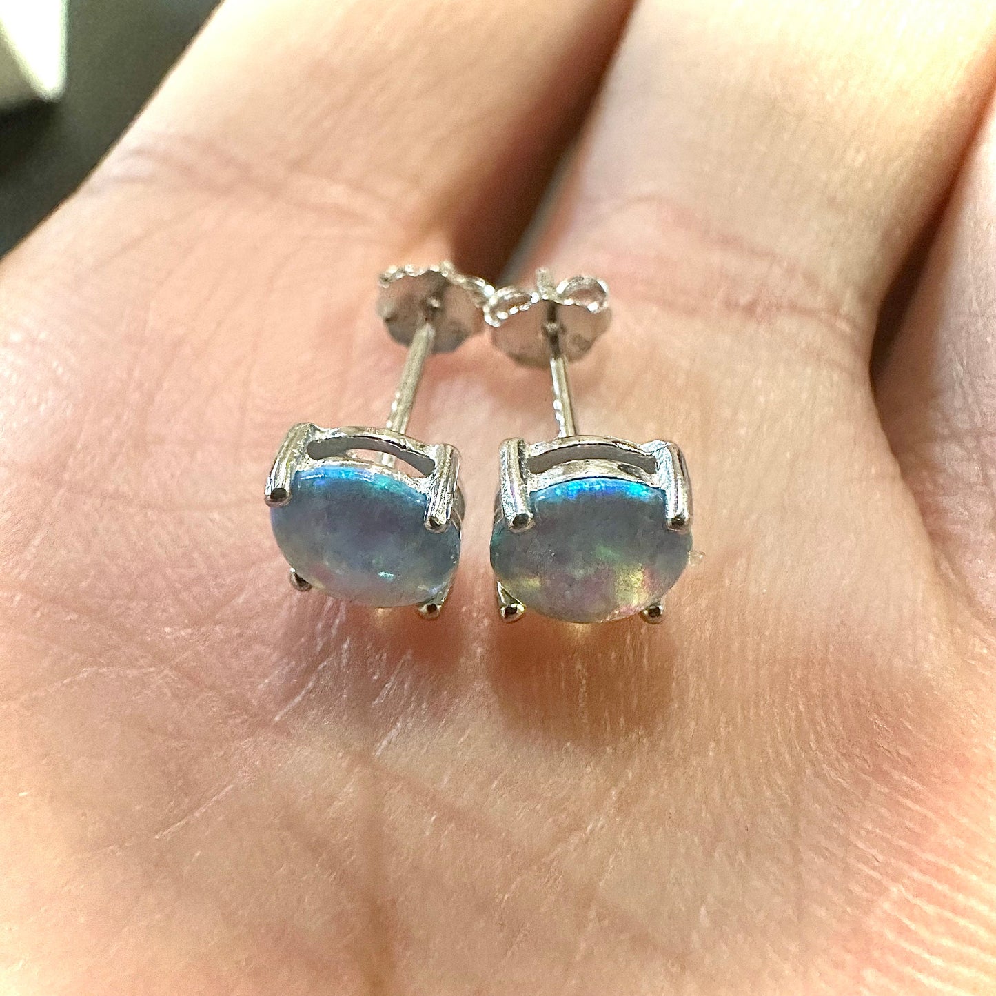 Blue Fire Opal Earrings 6mm, Stud Earrings for Women Sterling Silver 925, Blue Fire Opal Jewelry, Blue Earrings Studs, October Birthstone - leoshopdeals