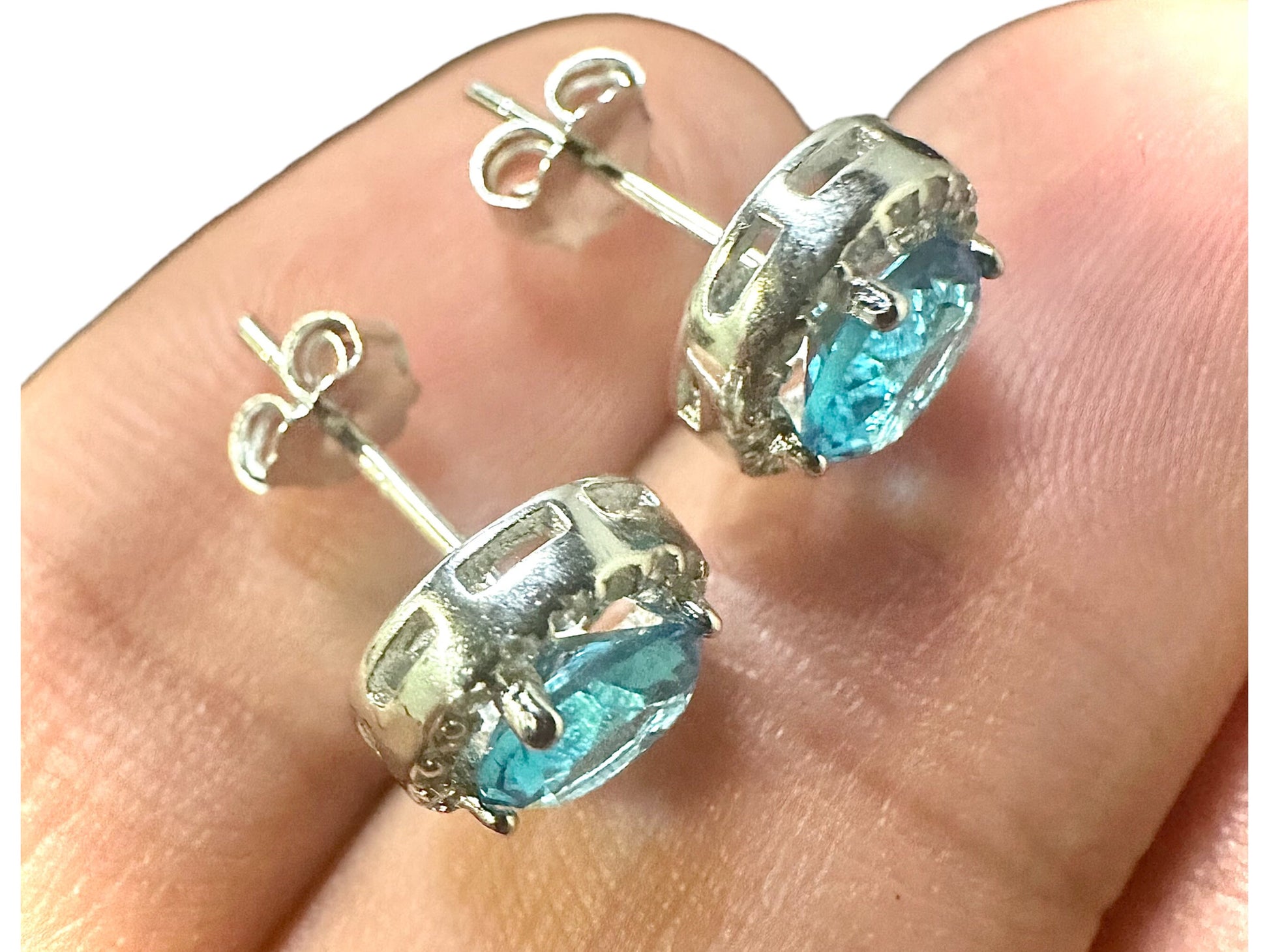 Blue Topaz Earrings Stud, 9MM Stud Earrings for Women Sterling Silver 925, White Topaz Earrings, Earrings Studs Silver, Blue Earrings Studs - leoshopdeals