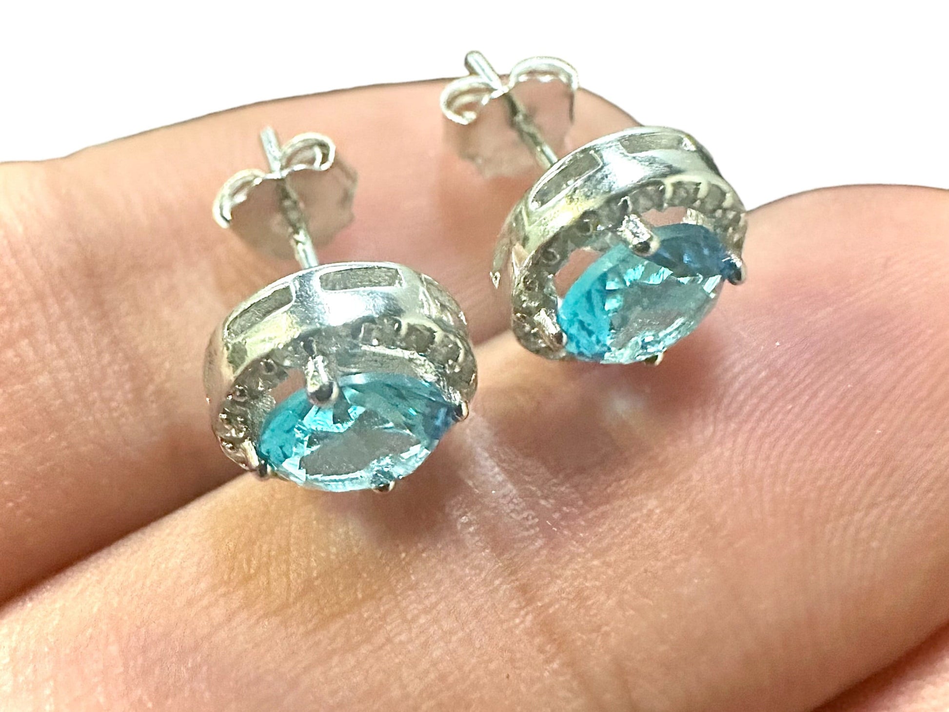 Blue Topaz Earrings Stud, 9MM Stud Earrings for Women Sterling Silver 925, White Topaz Earrings, Earrings Studs Silver, Blue Earrings Studs - leoshopdeals