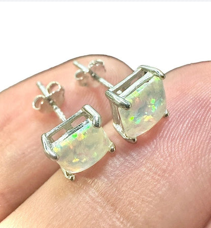 White Opal Earrings Stud, Princess Cut Square Earrings, Opal Earrings Sterling Silver 925 for women, 6mm Earring Stud, Opal Jewelry Silver - leoshopdeals