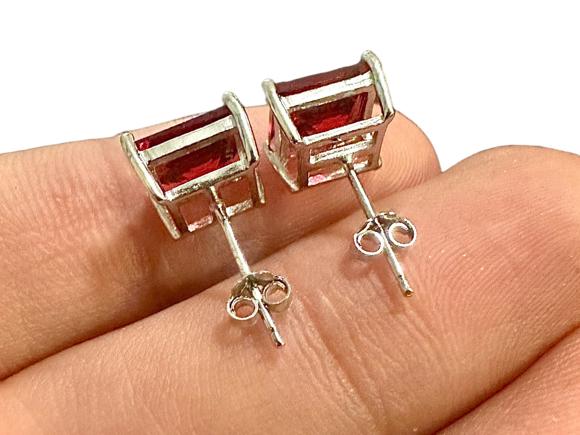 925 Sterling Silver Ruby Stud Earrings for Women 8MM Princess Cut Birthstone Gift - leoshopdeals