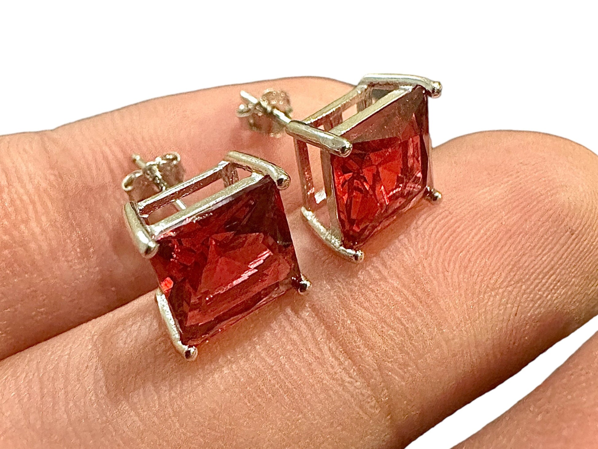 925 Sterling Silver Ruby Stud Earrings for Women 8MM Princess Cut Birthstone Gift - leoshopdeals