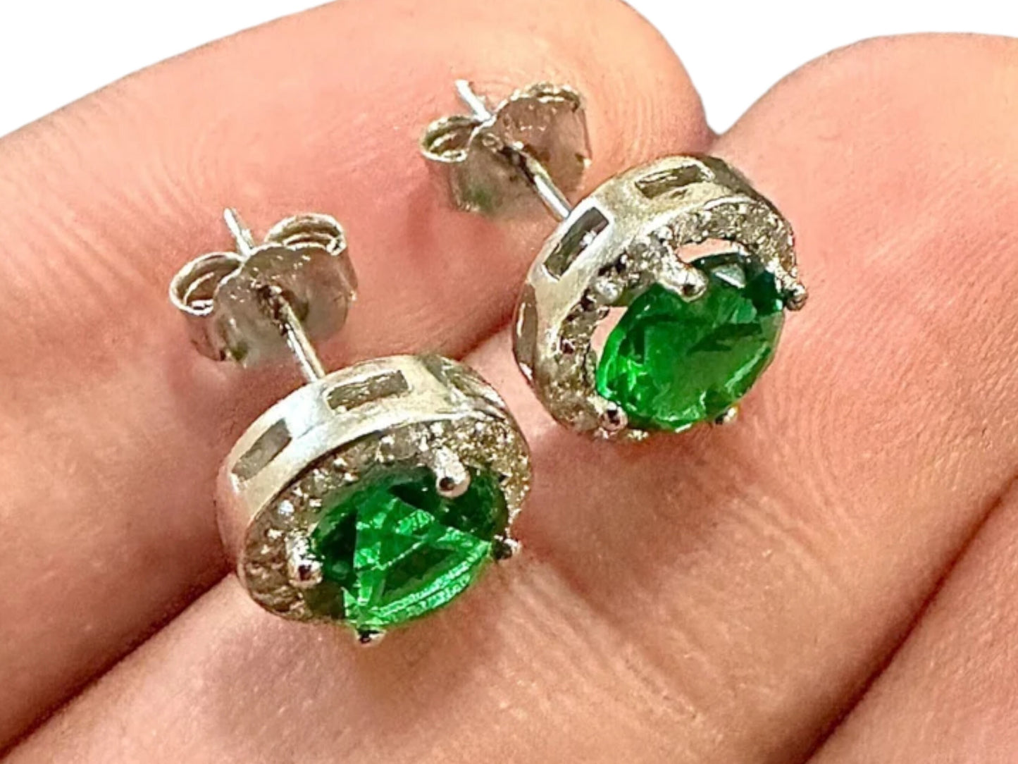 Green Emerald Earrings Stud Sterling Silver 925 ,Stud Earrings for Women, Emerald Jewelry Earrings, Round Earrings Stud, May Birthstone Gift - leoshopdeals