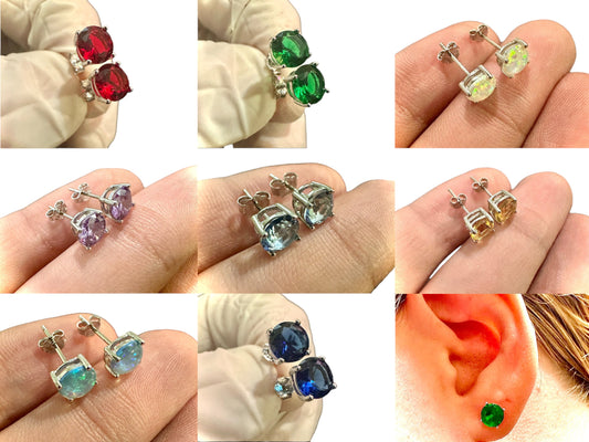 Stud Earrings for Women Sterling Silver 925, Birthstone Earrings 6MM, Amethyst Ruby Sapphire Emerald Tanzanite Opal Citrine, Gift for Her - leoshopdeals