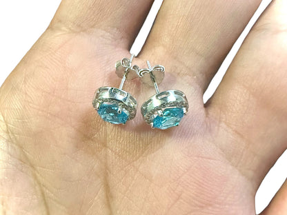 Blue Topaz Earrings Stud, 9MM Stud Earrings for Women Sterling Silver 925, White Topaz Earrings, Earrings Studs Silver, Blue Earrings Studs - leoshopdeals