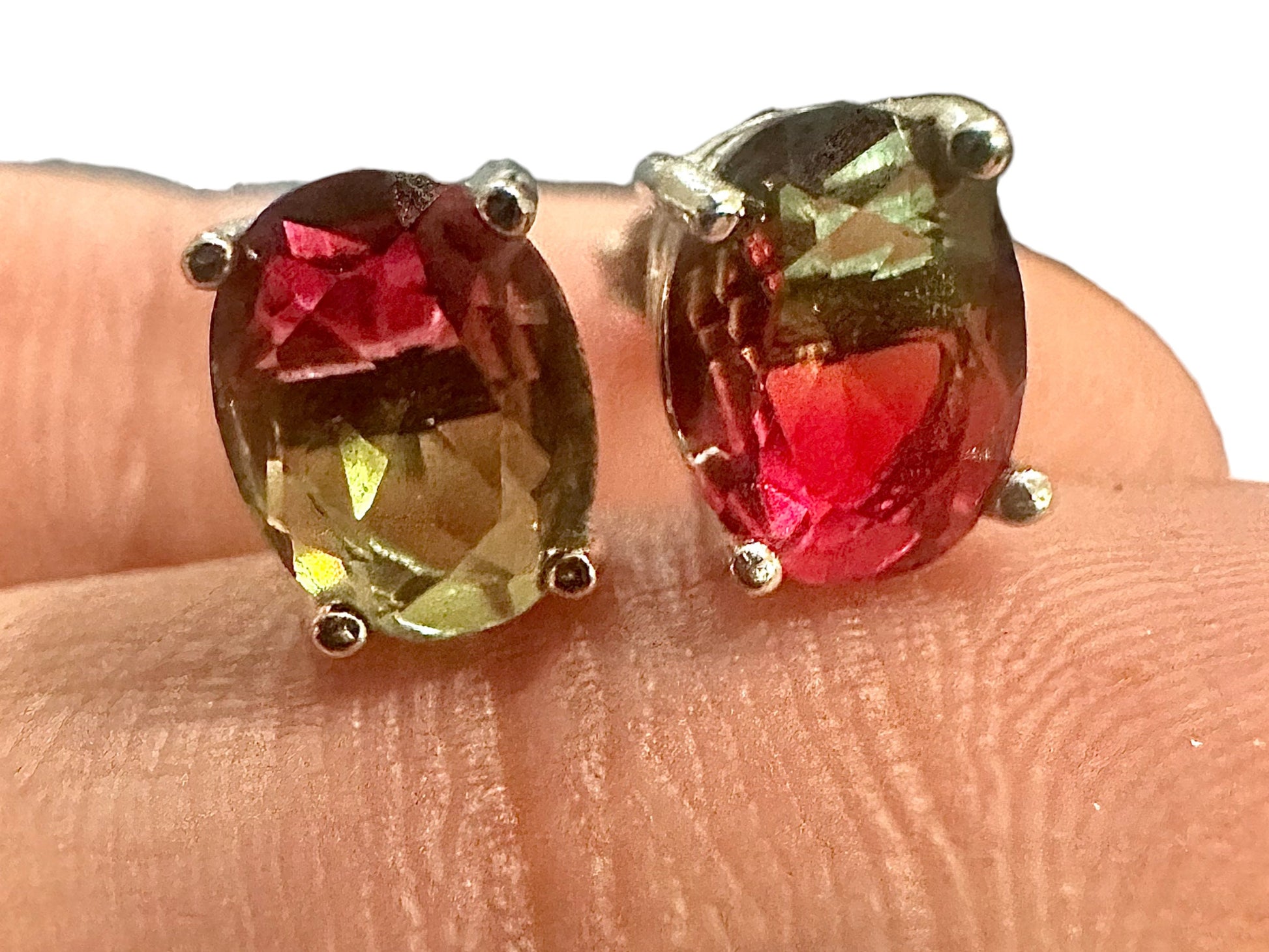 925 Sterling Silver Watermelon Tourmaline Stud Earrings for Women 7x4MM Oval Cut Birthstone Gift - leoshopdeals