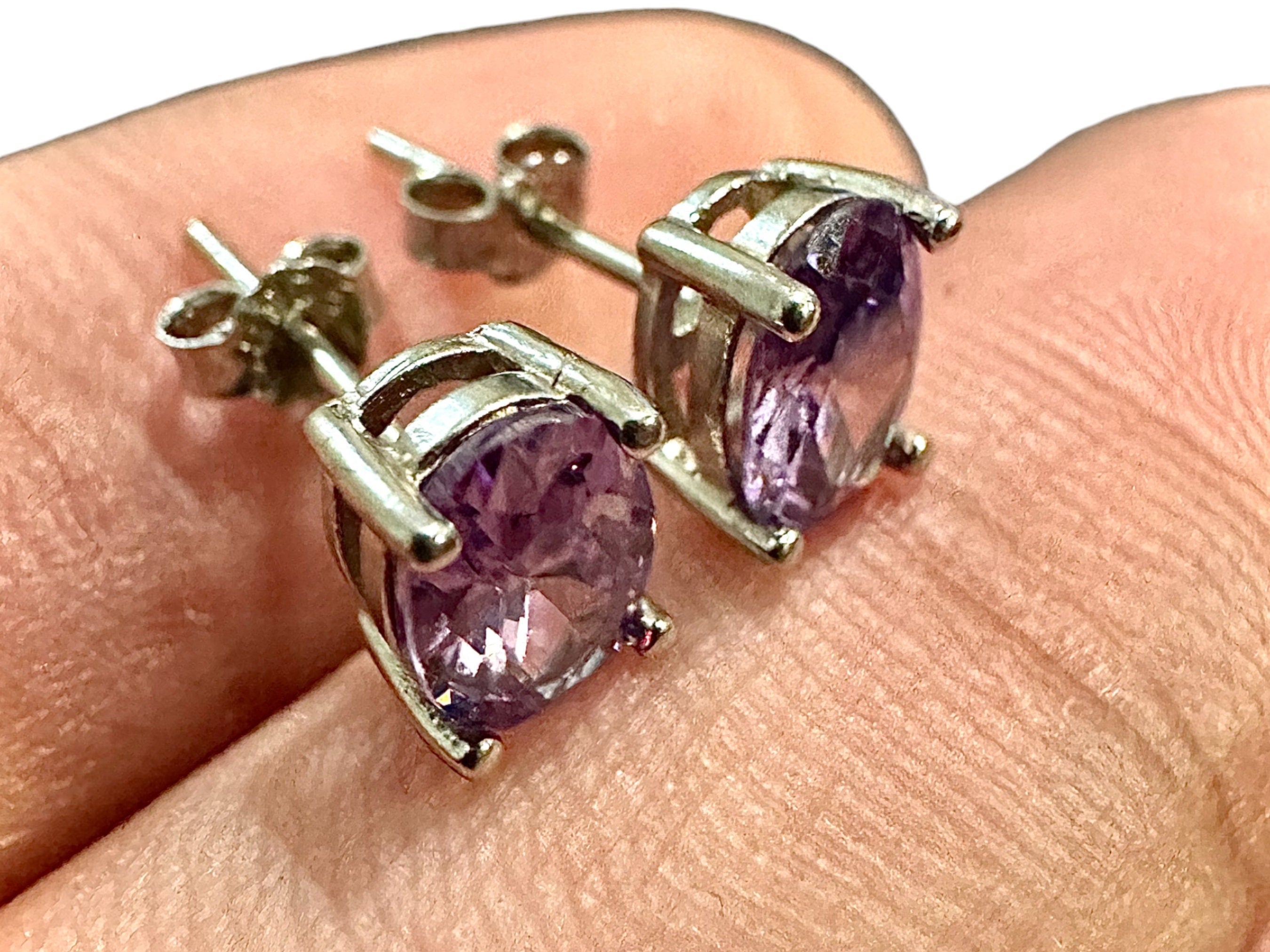 Rose De France Amethyst Oval Cut Stone J Stud Earrings hot in Sterling Silver Birthstone February Gemstone