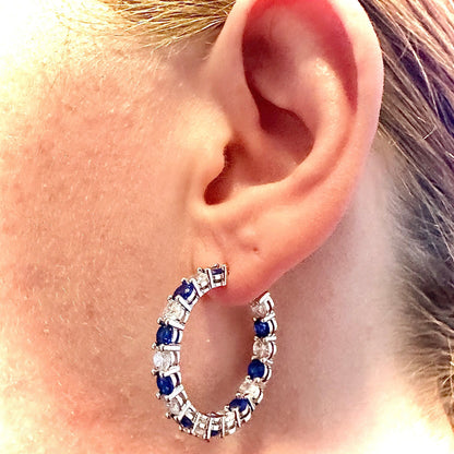 Sapphire Hoop Earrings, Silver Plated Earrings, 26MM CZ Hoop Earrings, Inside Out Hoop Earrings, Cubic Zirconia Earrings Hoop - leoshopdeals