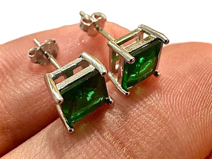 Princess Cut Emerald Earrings 925 Sterling Silver Stud Earrings 8MM Green Emerald Earrings For Women Stud Earrings For Women Emerald Jewelry - leoshopdeals